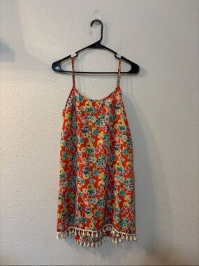 Green Pea Bright Floral Tassel Hem Summer Slip Dress - Orange Floral